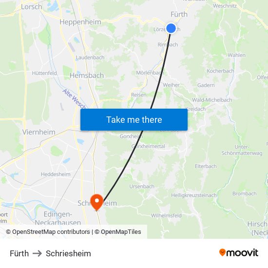 Fürth to Schriesheim map