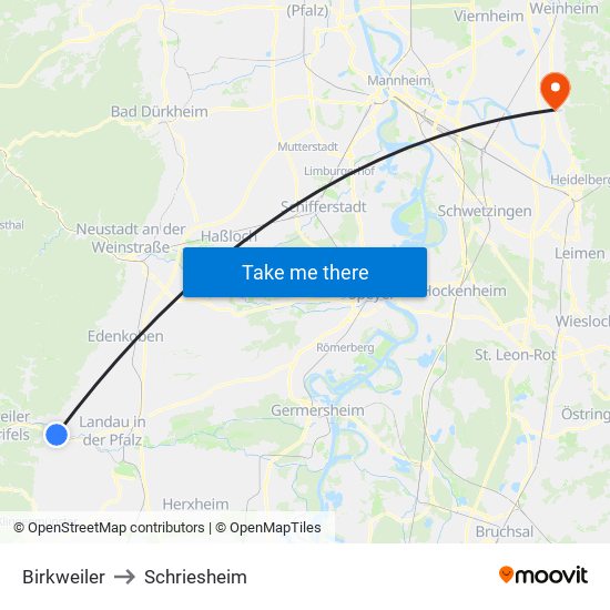 Birkweiler to Schriesheim map