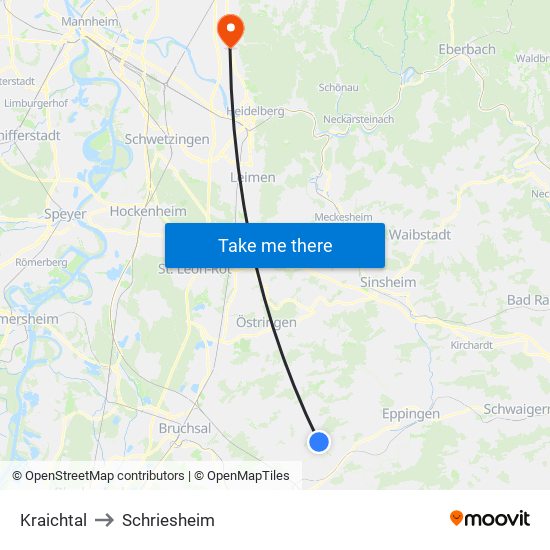 Kraichtal to Schriesheim map