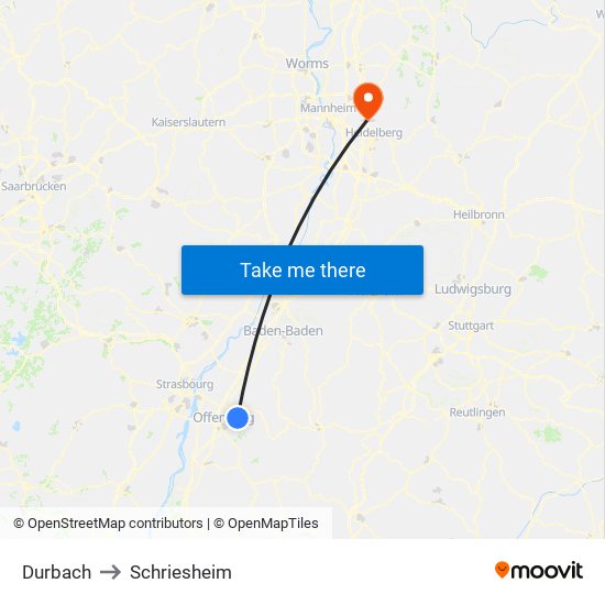 Durbach to Schriesheim map