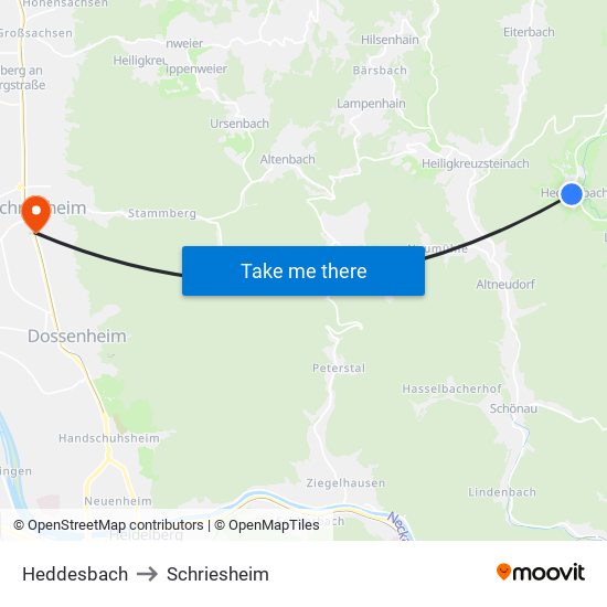 Heddesbach to Schriesheim map