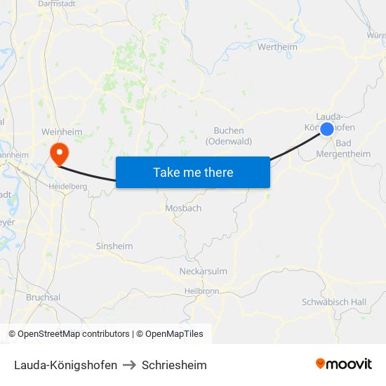 Lauda-Königshofen to Schriesheim map