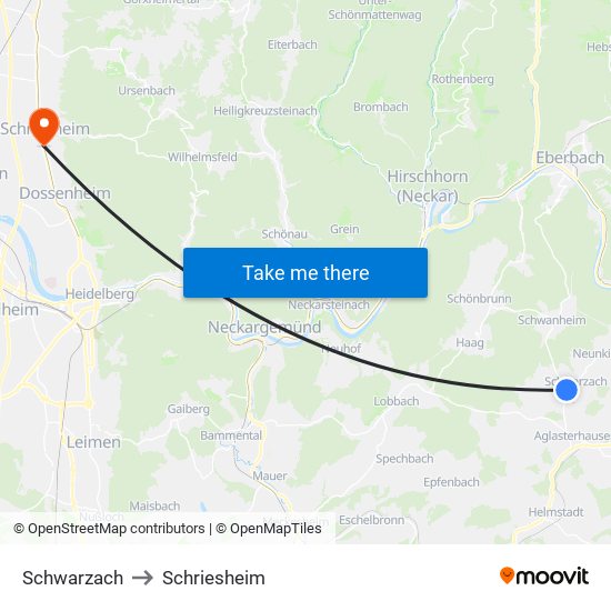 Schwarzach to Schriesheim map