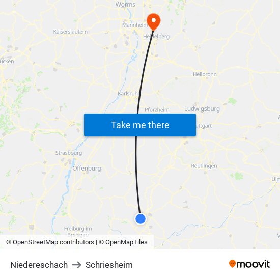 Niedereschach to Schriesheim map