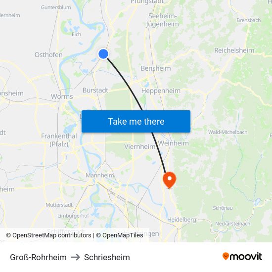 Groß-Rohrheim to Schriesheim map