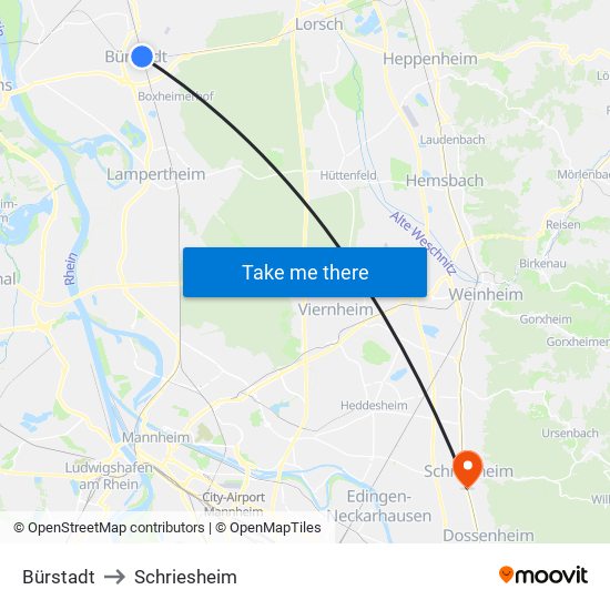 Bürstadt to Schriesheim map