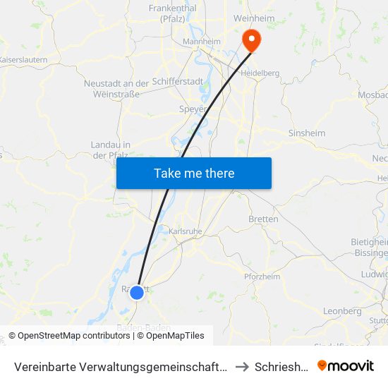 Vereinbarte Verwaltungsgemeinschaft Rastatt to Schriesheim map