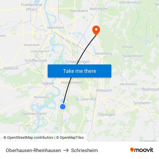 Oberhausen-Rheinhausen to Schriesheim map