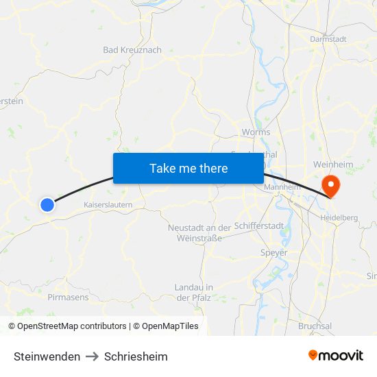 Steinwenden to Schriesheim map