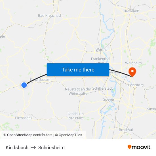 Kindsbach to Schriesheim map