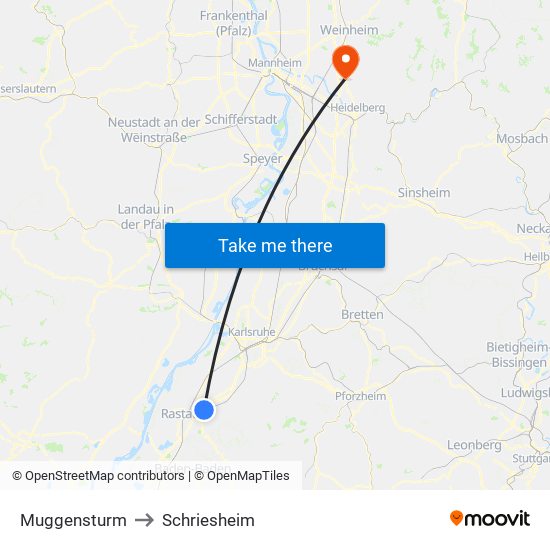 Muggensturm to Schriesheim map