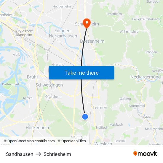 Sandhausen to Schriesheim map