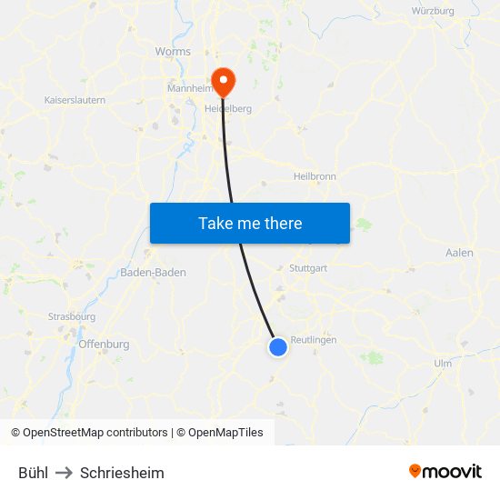 Bühl to Schriesheim map