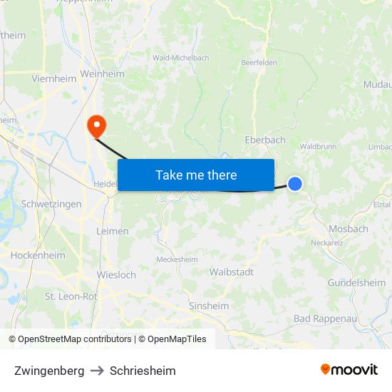 Zwingenberg to Schriesheim map