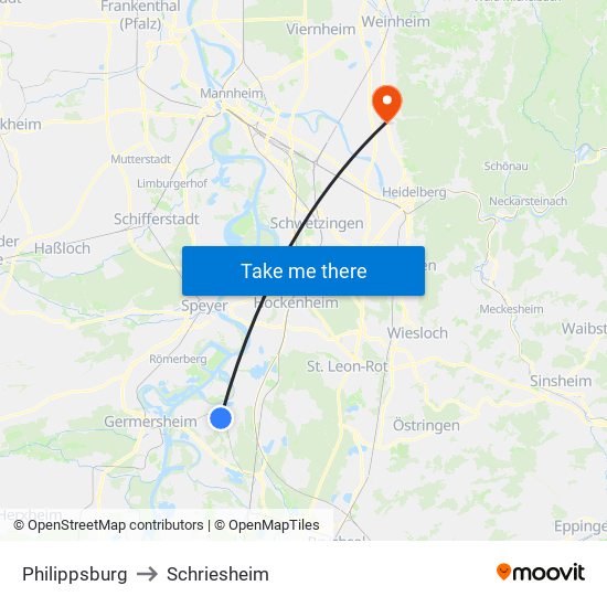 Philippsburg to Schriesheim map