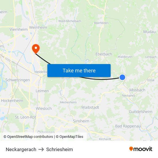 Neckargerach to Schriesheim map