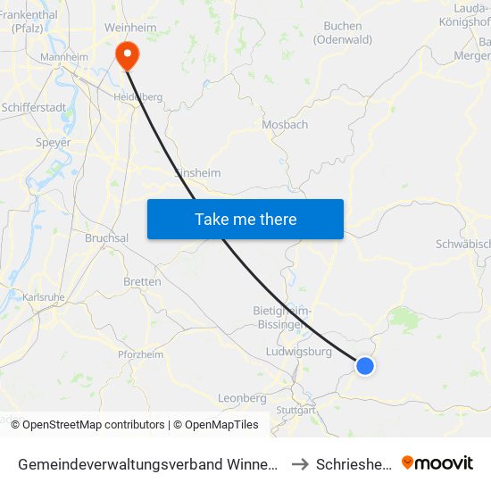 Gemeindeverwaltungsverband Winnenden to Schriesheim map