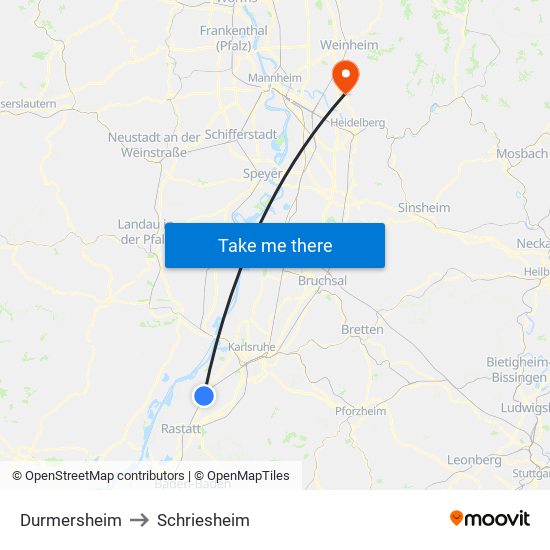 Durmersheim to Schriesheim map