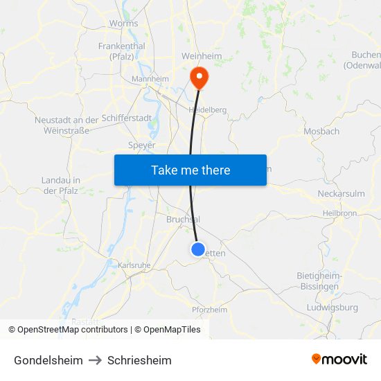 Gondelsheim to Schriesheim map