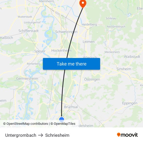 Untergrombach to Schriesheim map