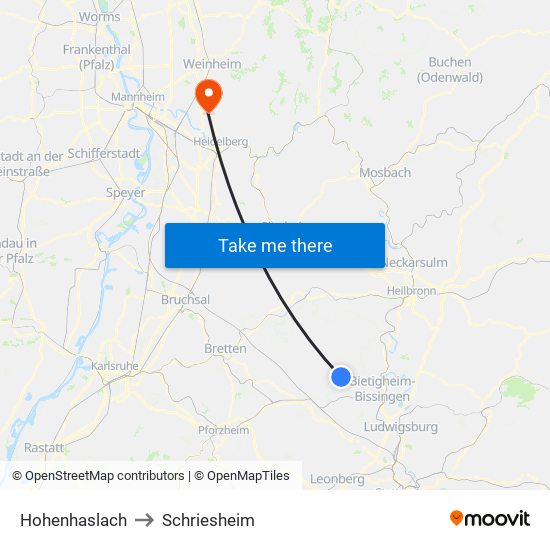 Hohenhaslach to Schriesheim map