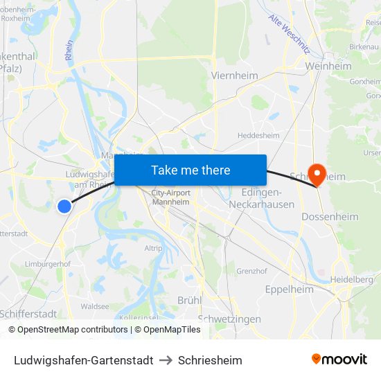 Ludwigshafen-Gartenstadt to Schriesheim map