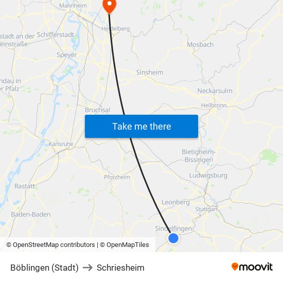 Böblingen (Stadt) to Schriesheim map