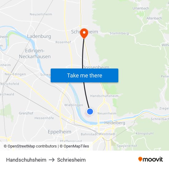 Handschuhsheim to Schriesheim map