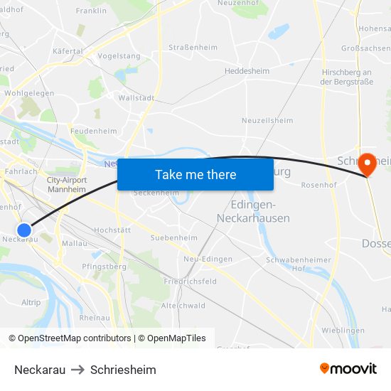 Neckarau to Schriesheim map