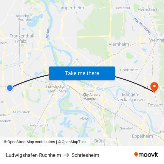 Ludwigshafen-Ruchheim to Schriesheim map