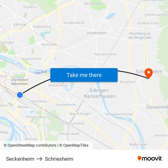 Seckenheim to Schriesheim map