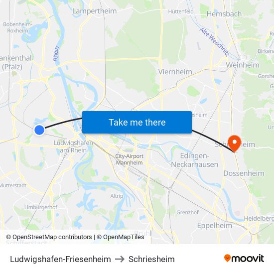 Ludwigshafen-Friesenheim to Schriesheim map