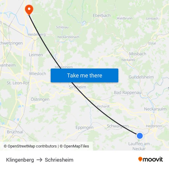 Klingenberg to Schriesheim map