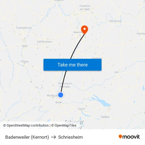 Badenweiler (Kernort) to Schriesheim map