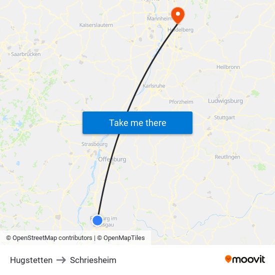 Hugstetten to Schriesheim map