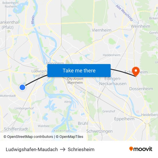 Ludwigshafen-Maudach to Schriesheim map