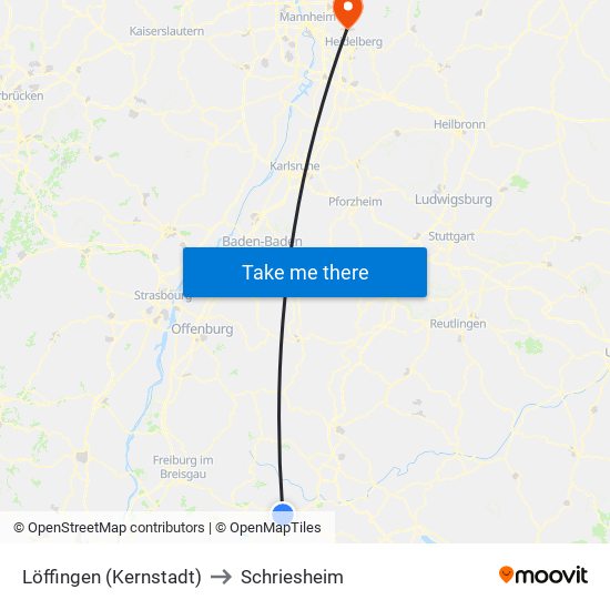 Löffingen (Kernstadt) to Schriesheim map