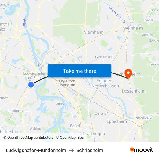 Ludwigshafen-Mundenheim to Schriesheim map