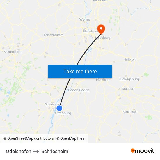 Odelshofen to Schriesheim map