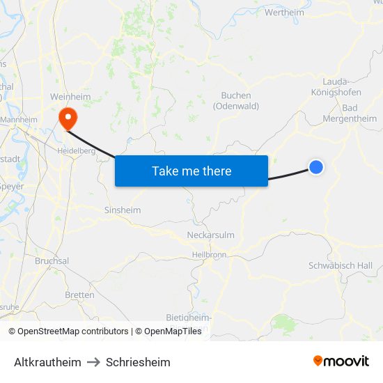 Altkrautheim to Schriesheim map