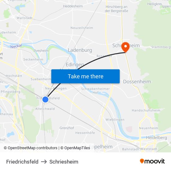 Friedrichsfeld to Schriesheim map