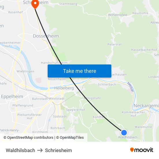 Waldhilsbach to Schriesheim map