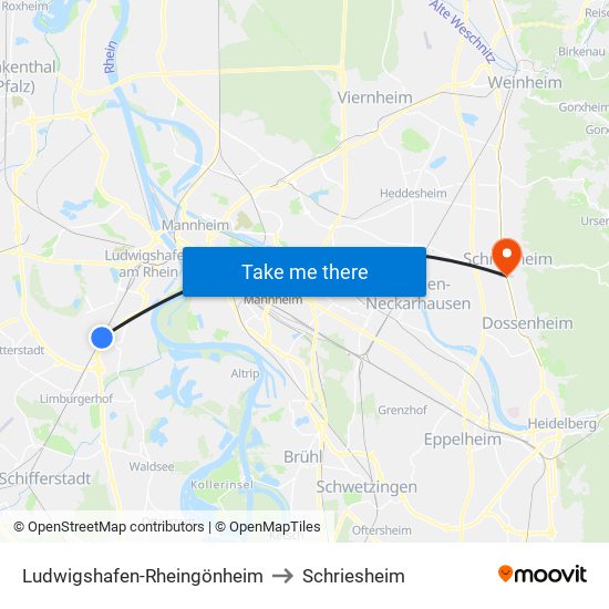 Ludwigshafen-Rheingönheim to Schriesheim map