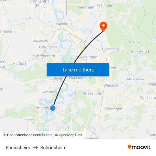 Rheinsheim to Schriesheim map