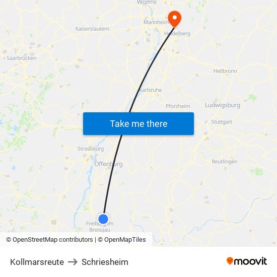 Kollmarsreute to Schriesheim map