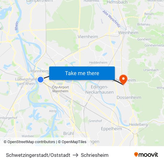 Schwetzingerstadt/Oststadt to Schriesheim map