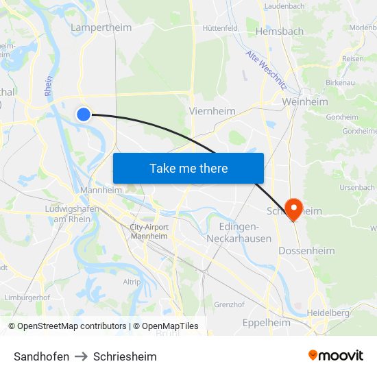 Sandhofen to Schriesheim map