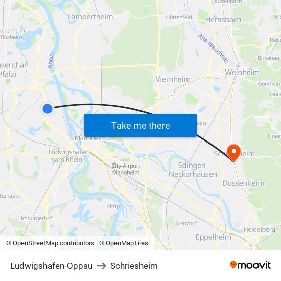 Ludwigshafen-Oppau to Schriesheim map