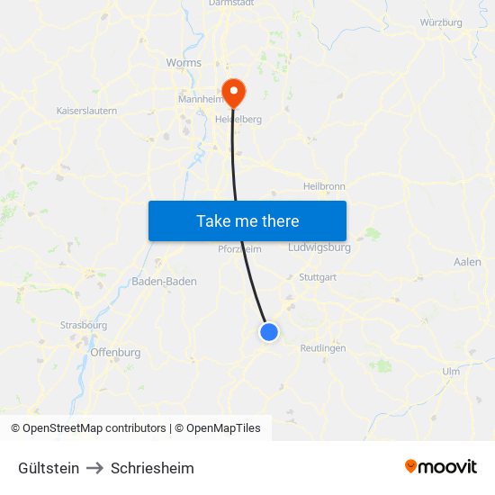 Gültstein to Schriesheim map