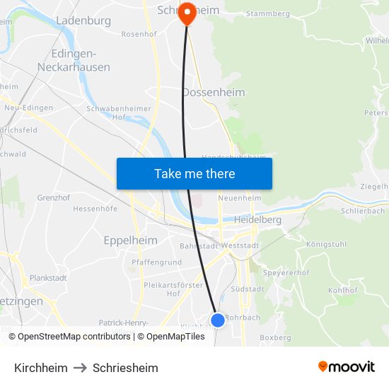 Kirchheim to Schriesheim map